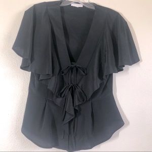 Top Shop Black Ruffle Top Fluted Short Sleeve Tie with Button Closure Fitted 4
